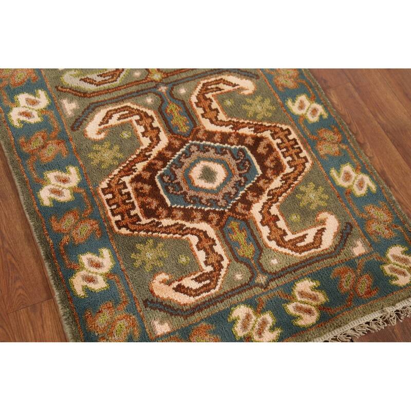 Green Geometric Kazak Runner Rug Hand-Knotted Traditional Wool Carpet - 2'8"x 9'8"
