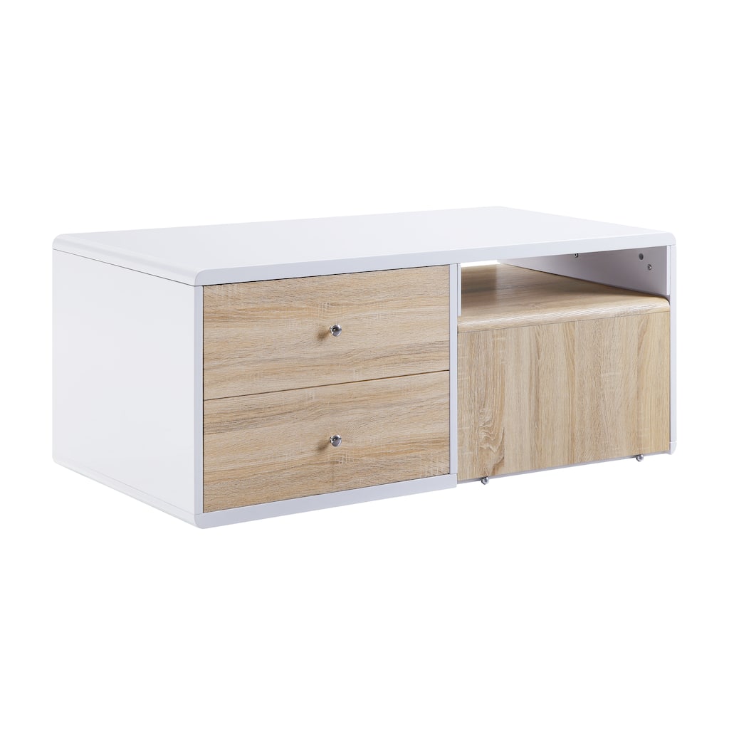 2 Drawer Contemporary Coffee Table with Pull Out Table, White and Brown