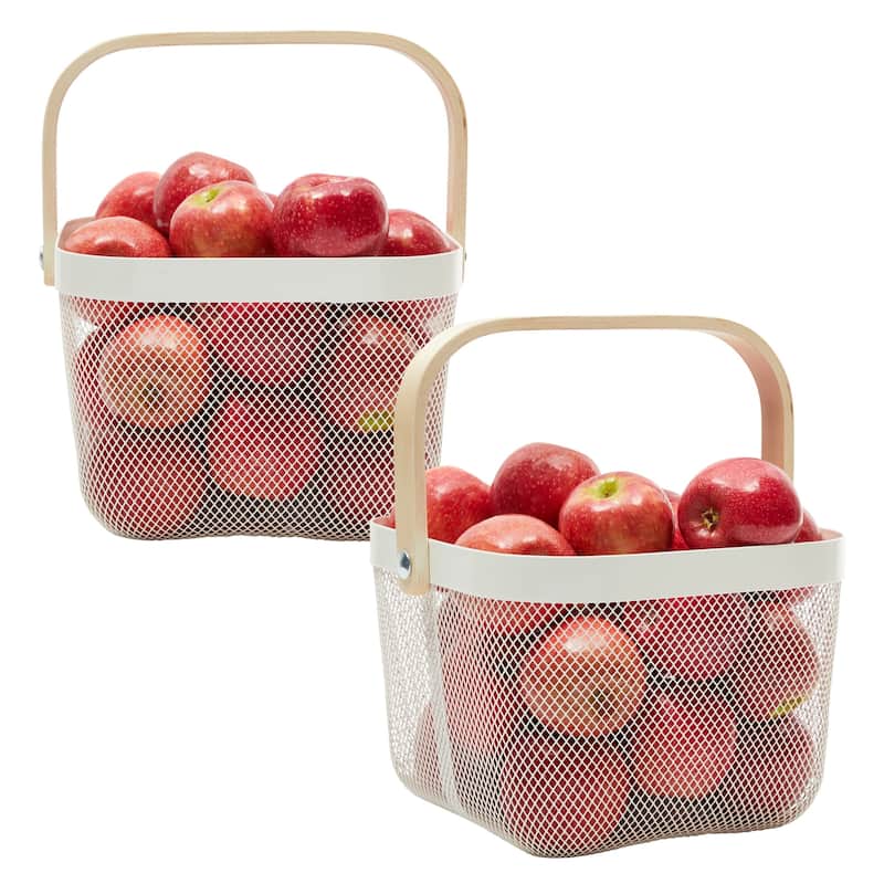 4 Pack Mesh Fruit Basket with Wooden Handles, Square, White, 9.5 x 9.5 x 7 In