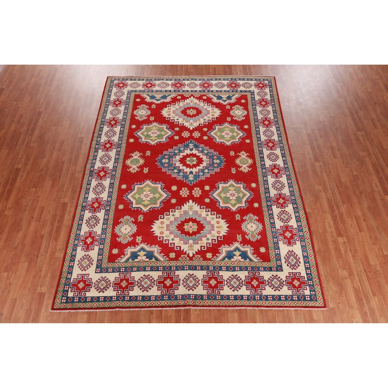 Hand Knotted Oriental 100% Wool Carpet Traditional Geometric Red Kazak Area Rug - 11' 0'' X 8' 2''