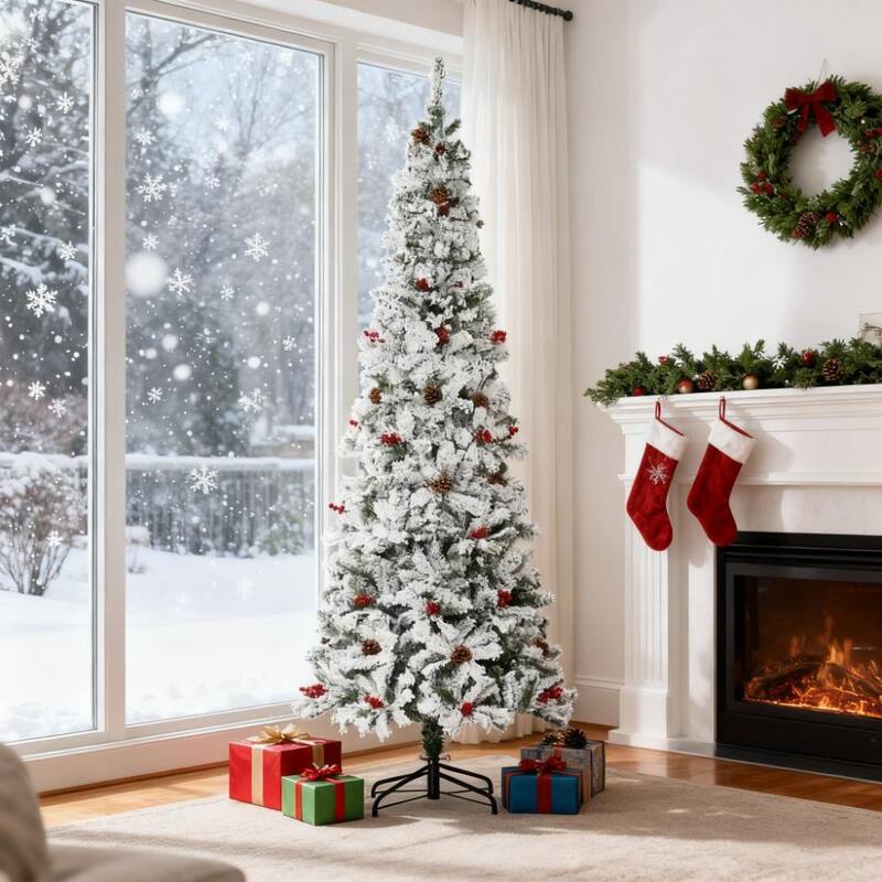 Snow Flocked Pencil Artificial Tree - Realistic Pine Branches, Pine Cones, Red Berries, Auto Open - Green,White