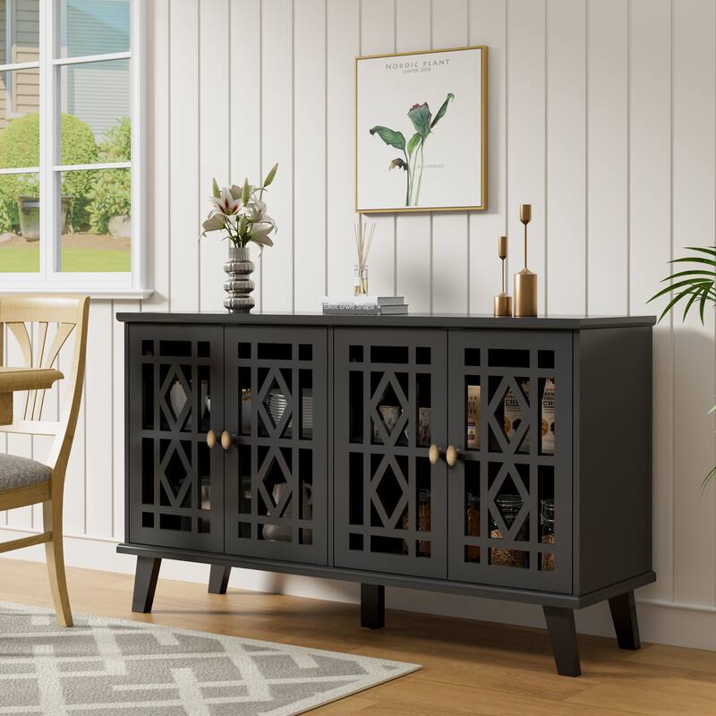 Buffet Cabinet with Storage with 4 Doors Skeletonized Coffee Bar Cabinet Sideboard - Black