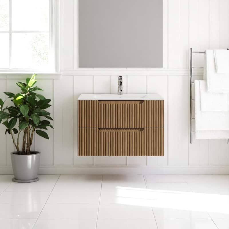 30" Wall-Mounted Bathroom Vanity Cabinet with 2 Soft-Close Drawers,Floating Design - Sink, Faucet & Drain Not Included - Natural Walnut - 30" Ceramic+MDF