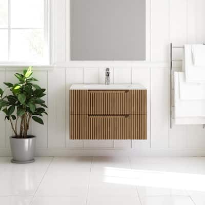 30" Wall-Mounted Bathroom Vanity with Drop-In Ceramic Sink, MDF Cabinet, Modern Floating Design - Faucet Not Included