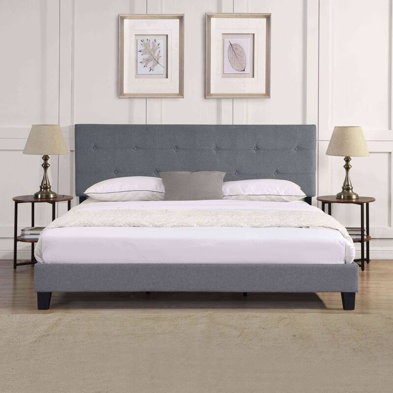 King Size Upholstered Platform Bed Frame with Linen Fabric Headboard, No Box Spring Required - Grey king - King