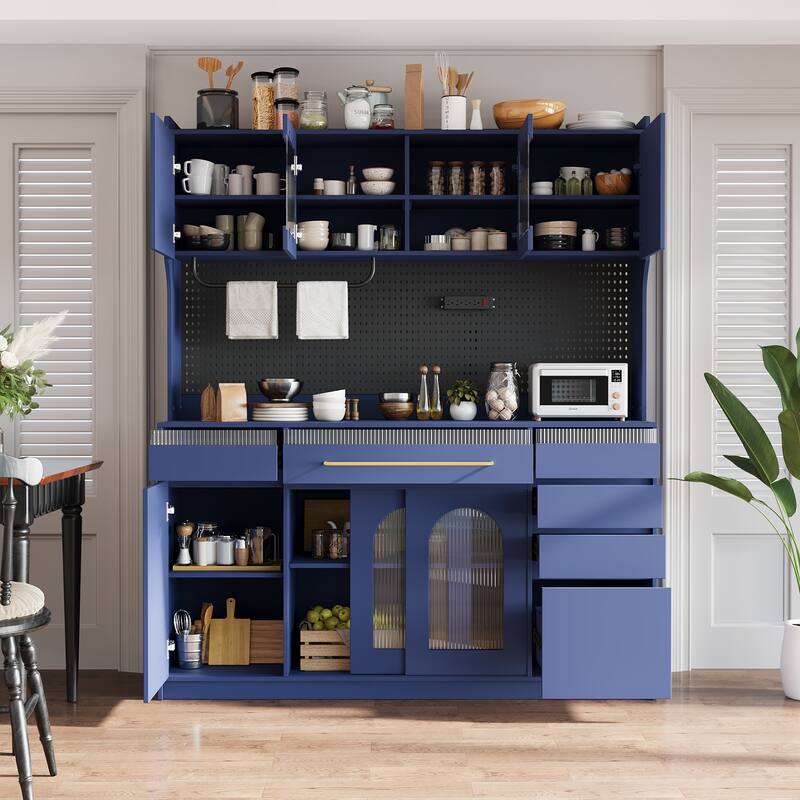 Roomfitters 63 Inch Large Kitchen Buffet with Hutch and Power Outlet, Coffee Bar Cabinet with Pegboard, Blue