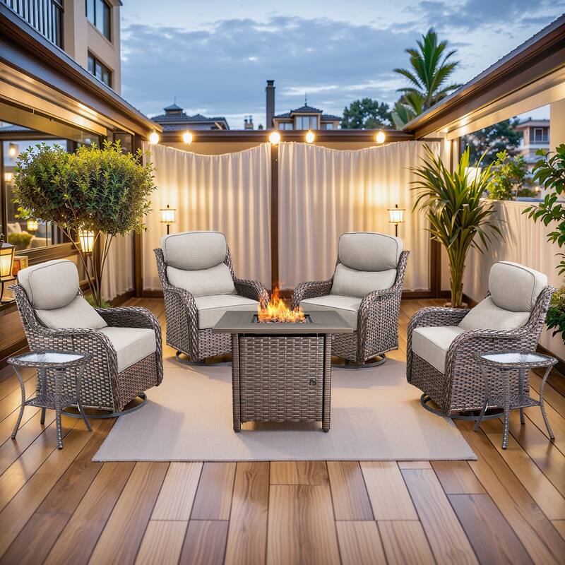 Pocassy 7 Pieces Outdoor 6" Swivel Chairs with Fire Pit Table - Brown Wicker - Beige cushion