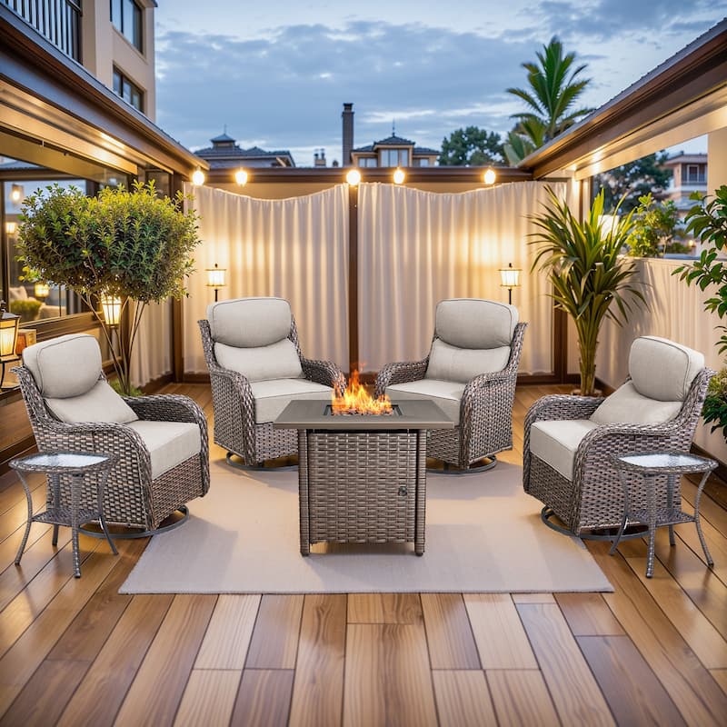Pocassy Outdoor 6" Sofa Swivel Chairs with Fire Table Funiture - Brown Wicker Beige Cushion - 7 Pieces Swivel Chair Table with Fire Table