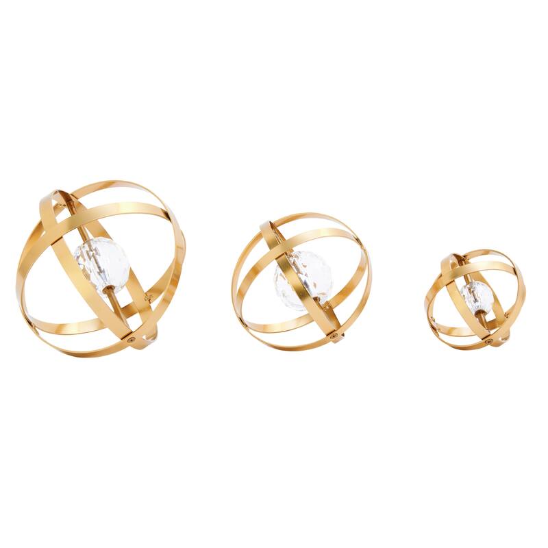 Gold or Silver Metal Orb Geometric Decorative Sculpture with Acrylic Center (Set of 3)