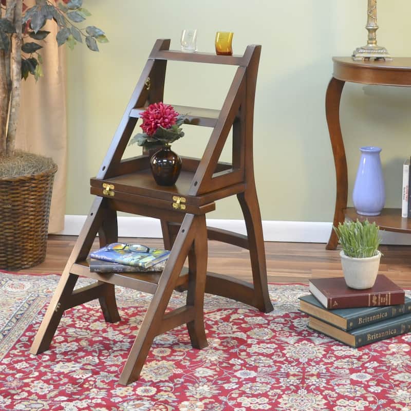 2 in 1 Solid Folding Library Ladder Chair - 34" - Chestnut Brown