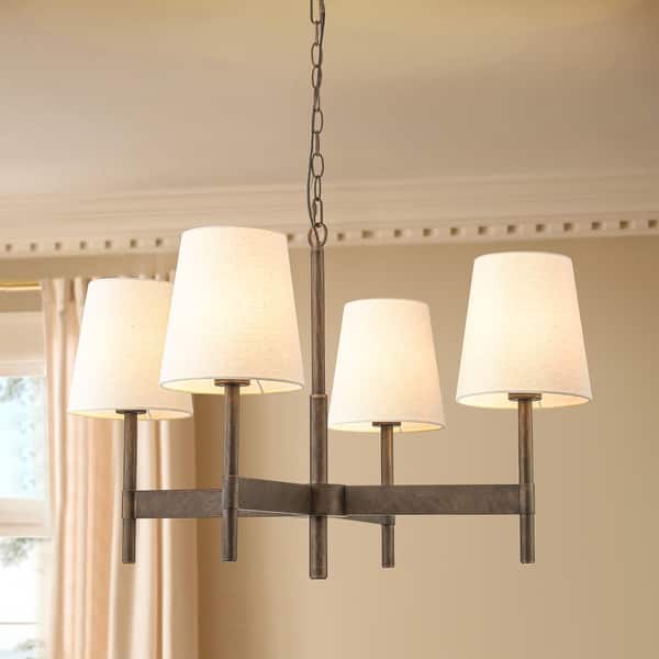 slide 2 of 11, 29.5 in. Modern Classic Distressed Antique Brass 4-Light Chandelier with Light Brown Linen Cone Shade for Living & Dining Room 29.5 in. W x 17.7 in. H x 29.5 in. D - Light Brown/Gold