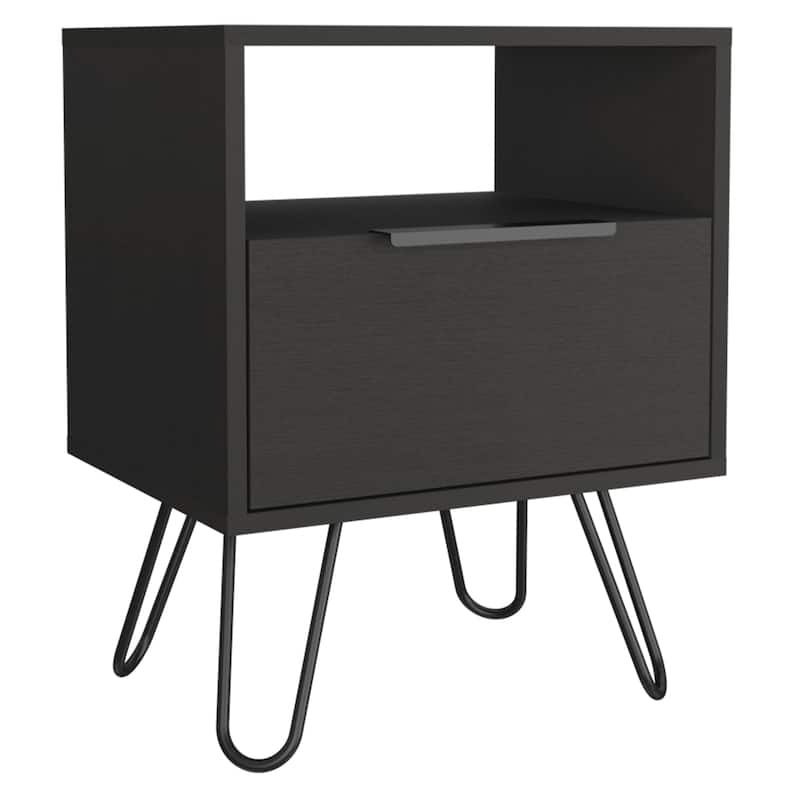 Nightstand 22"H, One Open Shelf, Single Door Cabient, Hairpin Legs, Black