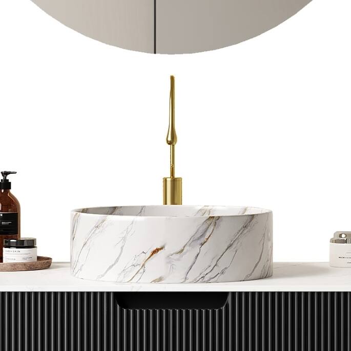 14" Bathroom Round Ceramic Sink with Stone Pattern, No Faucet