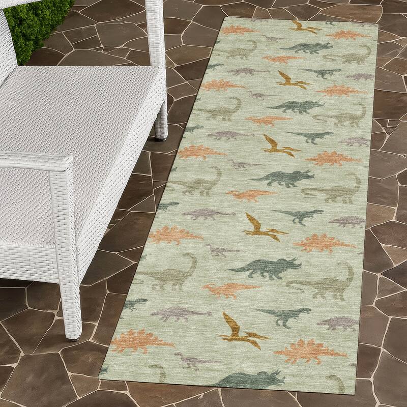 Machine Washable Indoor/ Outdoor Modern Dinosaur Chantille Rug - Celery - 2'3" x 7'6"