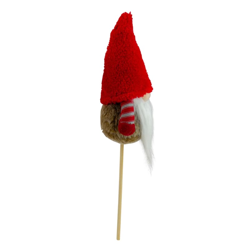 11.5" Tiny Gray Faux Fur Santa Gnome with Red Hat and Striped Arms on a Stick Christmas Decoration - 11.5