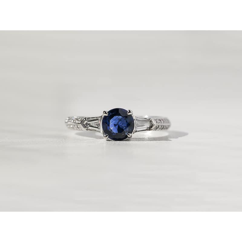 Kobelli 1.24 Carats Blue Sapphire & White Diamond Solid 18k White Gold Vintage Style Ciel Ring