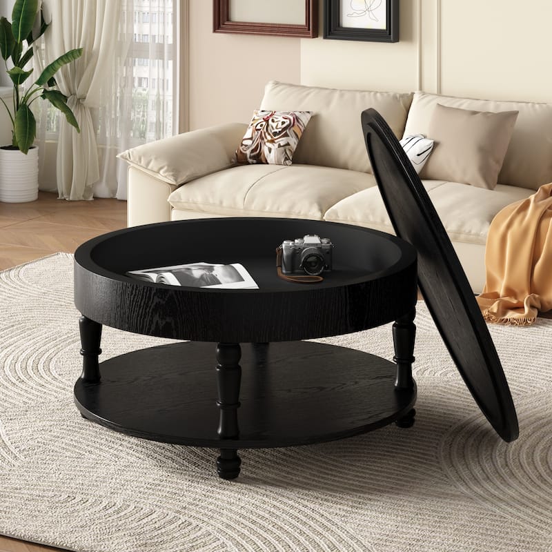 31.5" Modern Round Coffee Table with Adjustable Leveling Feet and Dual Storage