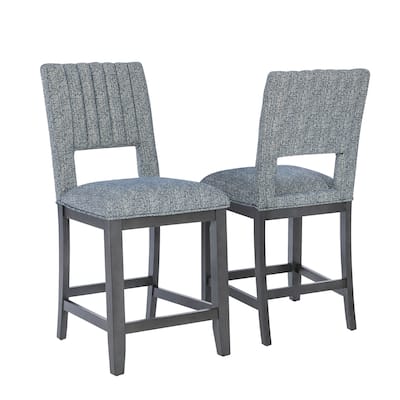 Set of 2 Upholstered Counter Height Chairs with Wooden Legs in Blue Gray and Gray