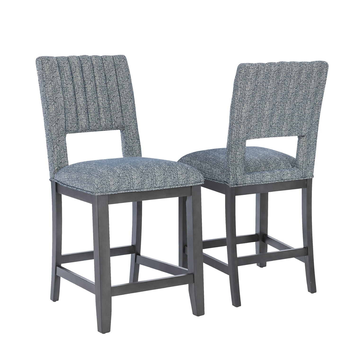 Set of 2 Upholstered Counter Height Chairs with Wooden Legs in Blue Gray and Gray