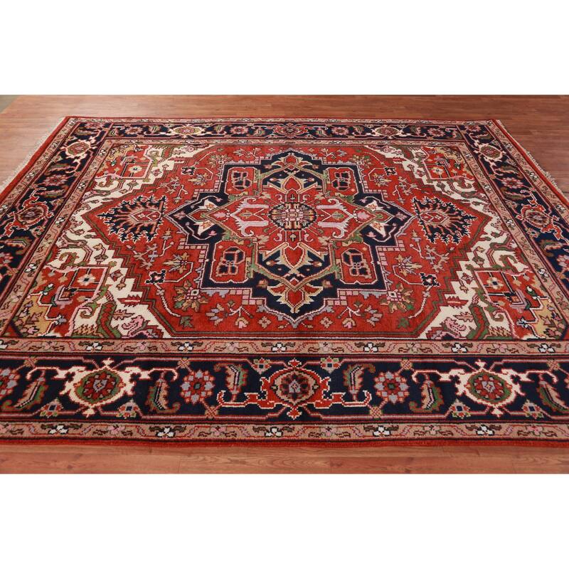 Hand Knotted Oriental 100% Wool Carpet Traditional Medallion Oranges & Rust Heriz (serapi) Area Rug - 9' 11'' X 8' 1''