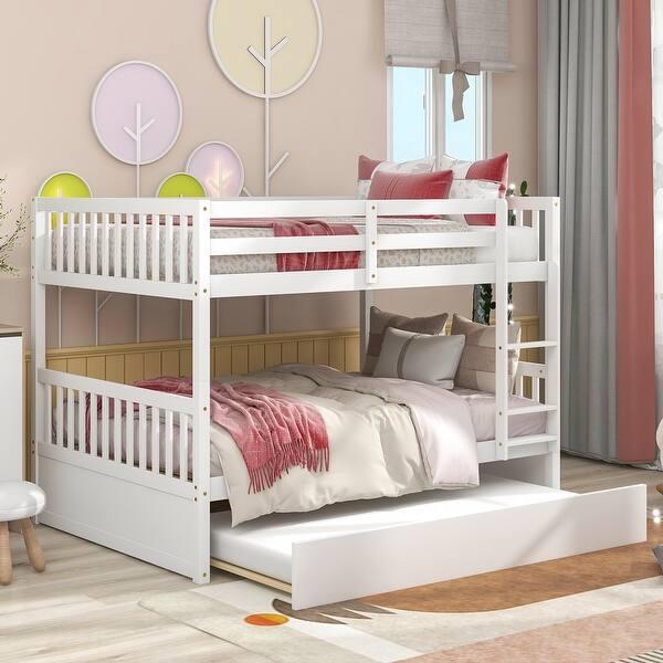 slide 2 of 18, Elegant Full Over Full Wooden Bunk Bed with Trundle,Ladder and Safety Rails for Kids,Convertible to 2 Bed White