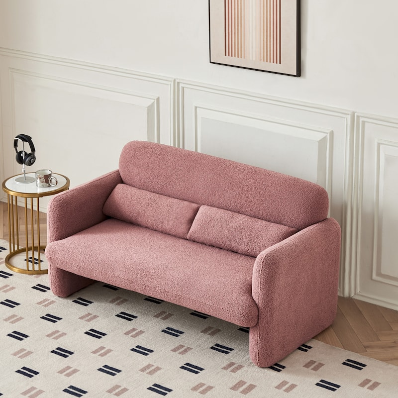 Pink Minimalist Lamb Fleece Fabric Sofa with 2 Lumbar Pillows, Modern ...