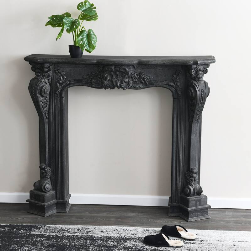 Ornate Decorative Fireplace Mantel, Distressed Black