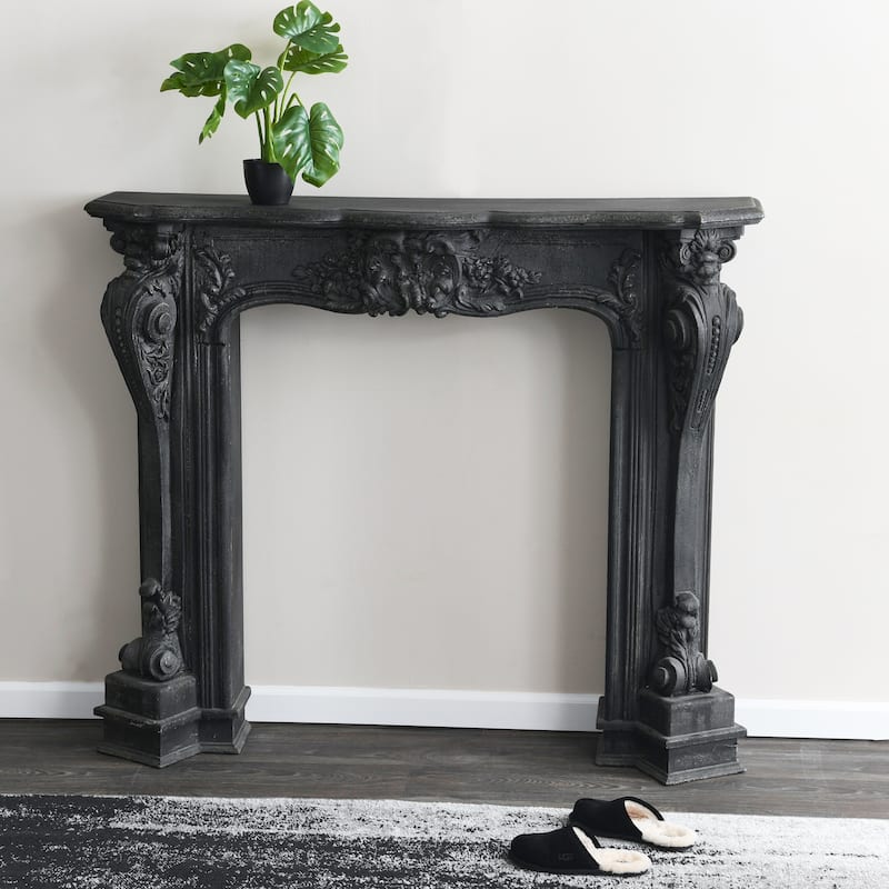 Ornate Decorative Fireplace Mantel, Distressed Black - Black