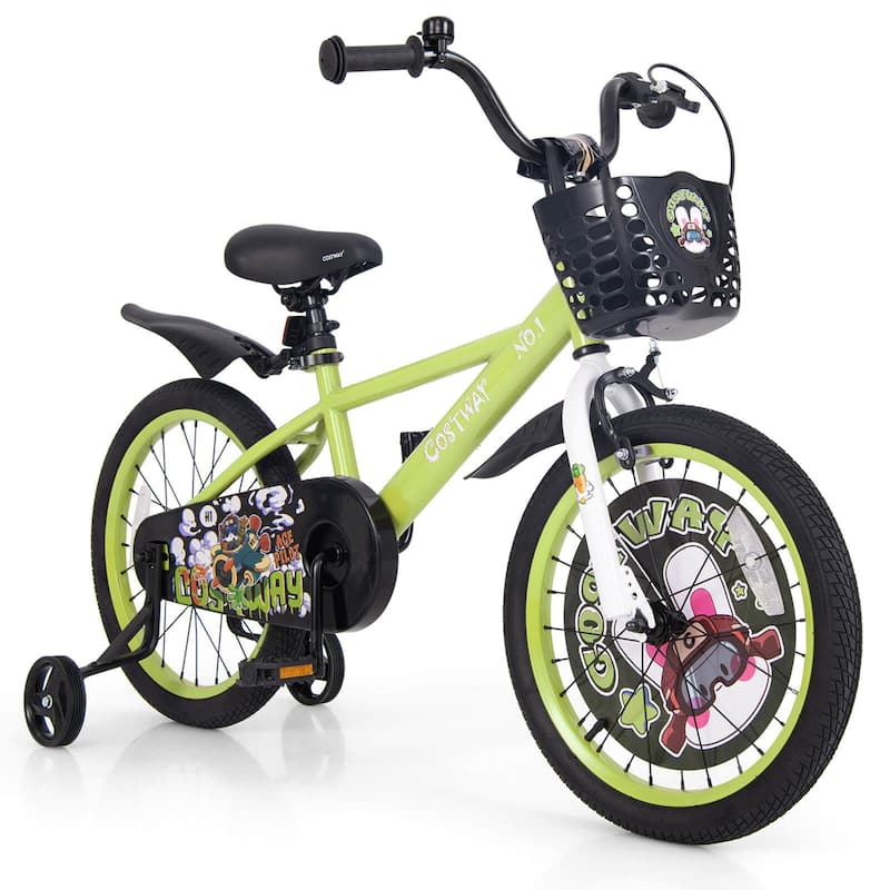 18"Child Bike for 4-8 w/ Height-Adjustable Handlebar & Storage Basket - Green