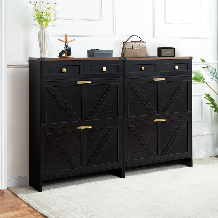 Farmhouse Shoe Cabinet with 2 Flip Drawers and 2 Storage Drawers – Slim Entryway Shoe Storage Cabinet, Narrow Shoe Organizer