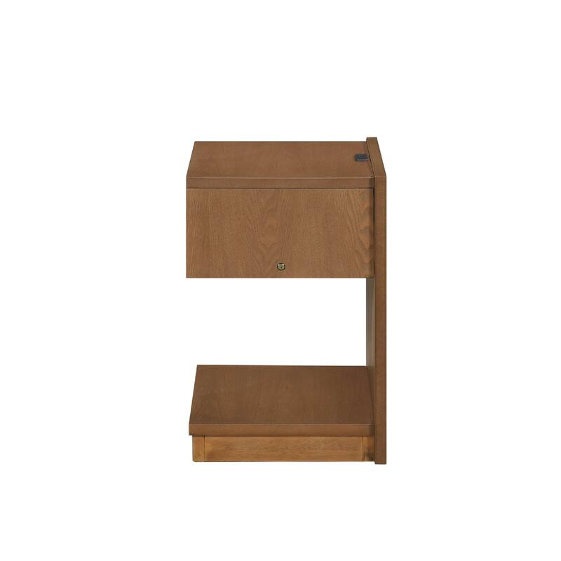 C Shaped End Table, 1 Drawer USB Port, 18 Inch, Wire Brush Brown Wood