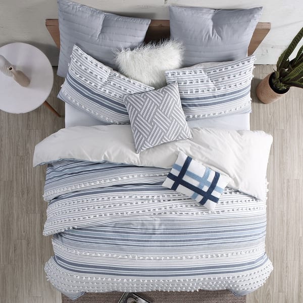Anahita 100% Cotton Clipped Dot Stripe Jacquard 5-Piece Bedding Comforter Set - Navy - Queen