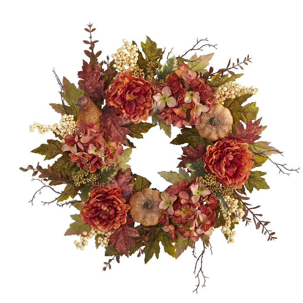 Fall Harvest Peonies Hydrangeas Pumpkins Artificial Wreath, 24", Unlit