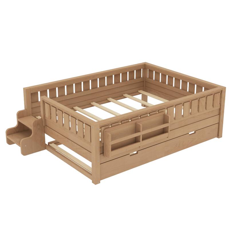 Full/Twin Size Wood Bed with Built-in Bookshelves and Storage Staircase, Safety Rails and Trundle Bed