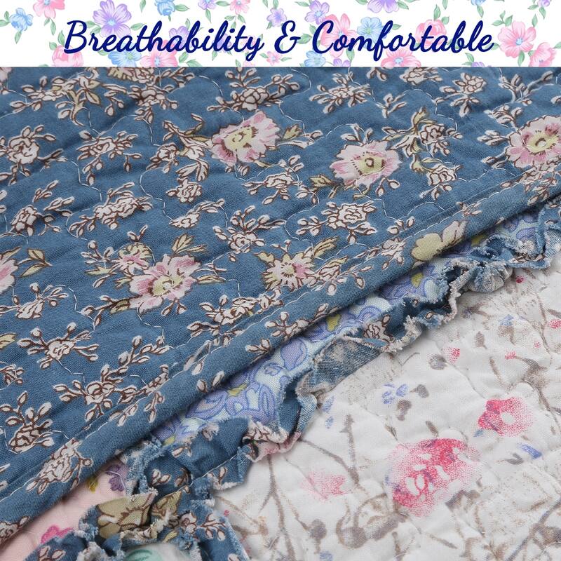 Cozy Line Aphrodite Patchwork Blue Floral 3 Piece Reversible Cotton Quilt Bedding Set