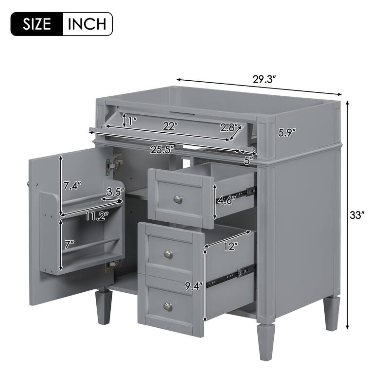 Roomfitters 30" Vanity Base Only, Modern Bathroom Cabinet with 2 Drawers and Tip-out Tray, Basin Not Included