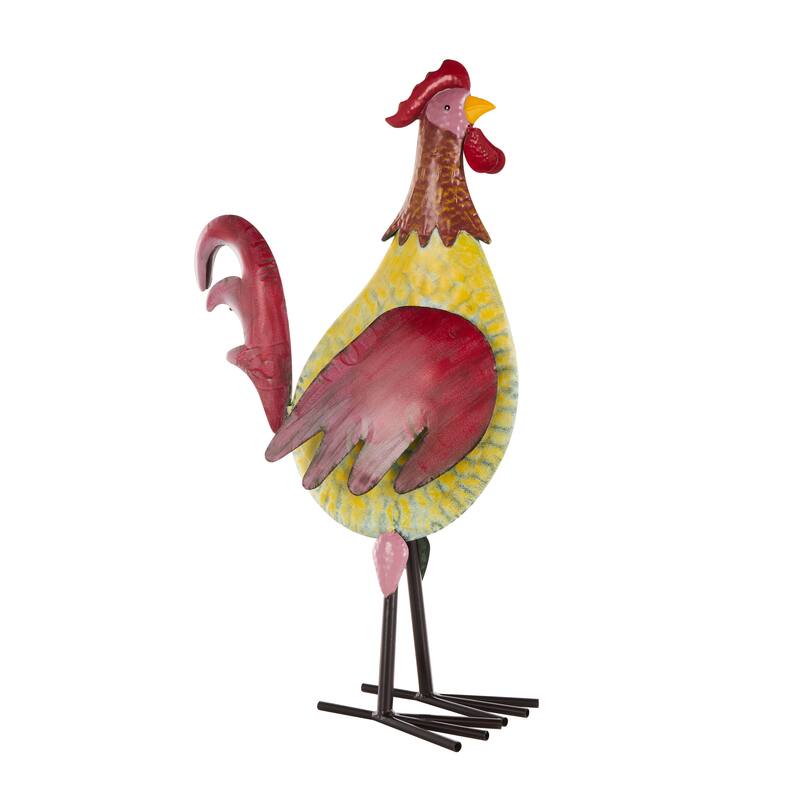 Black Metal Textured Rooster Decorative Garden Sculpture with Red Accents