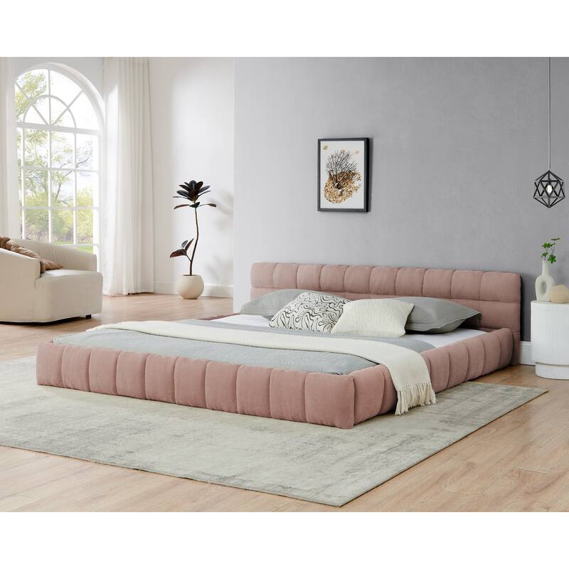 King Size Upholstered Platform Bed with Headboard, Pink Chenille Fabric, No Box Spring Needed