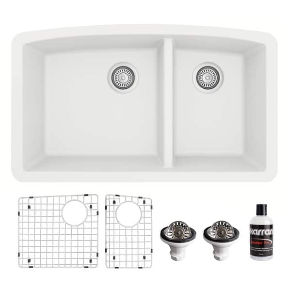 slide 2 of 63, Karran Undermount Quartz 32 in. 60/40 Double Bowl Kitchen Sink Kit White