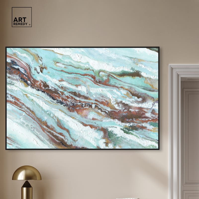Art Remedy Mint Waves Framed Blue Abstract 1 Piece Canvas Wall Art
