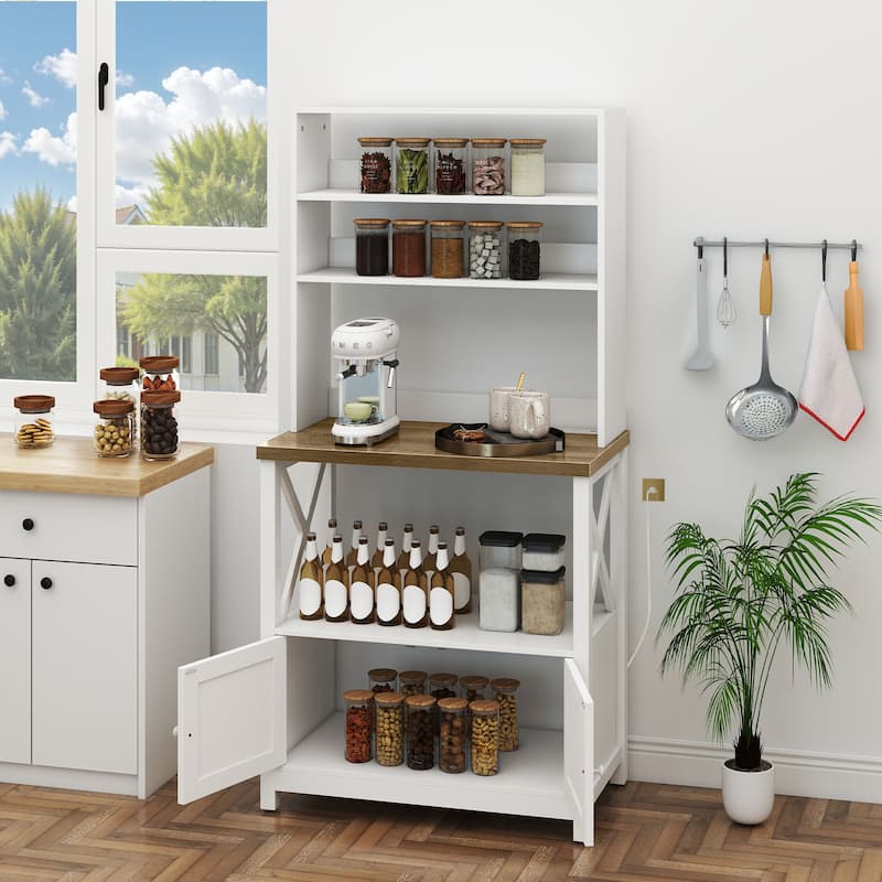 Moasis Kitchen Microwave Stand Bakers Rack Coffee Bar with Power Outlet and Storage Shelves