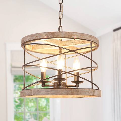 Oaks Aura Farmhouse Rustic 4-Light Barrel Frame Adjustable Chain Shabby Chic Wooden Chandelier for Dining Room, Living Room