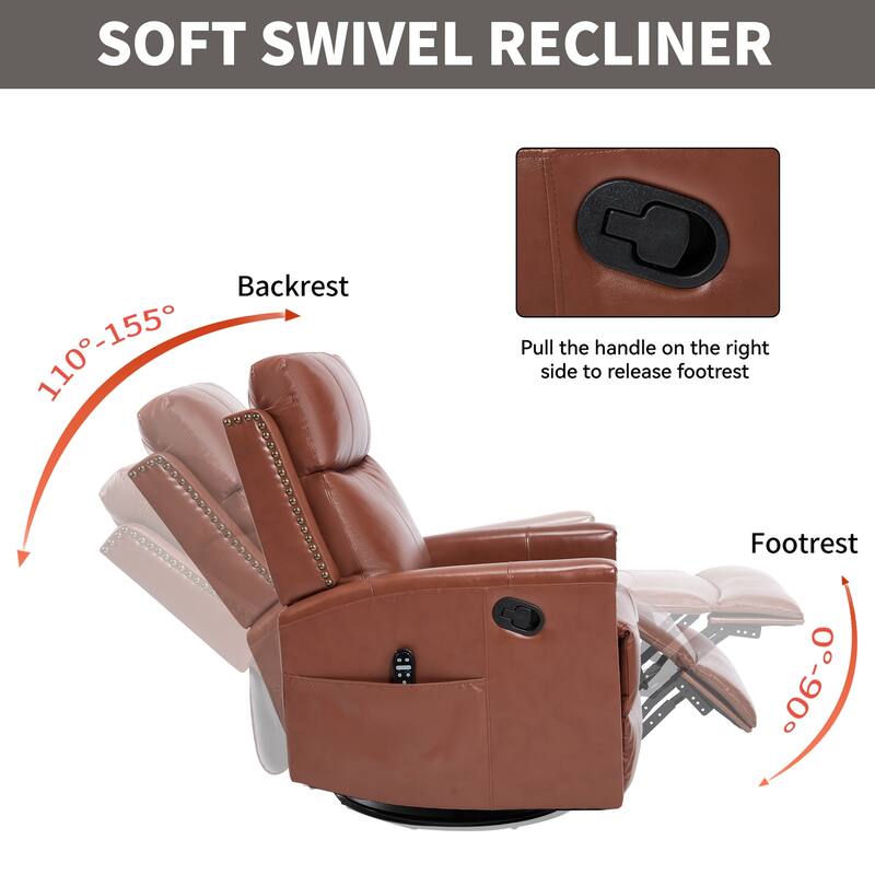 Roomfitters Genuine Leather Swivel Rocker Recliner, Manual Massage Glider with Heat and Top Grain Cowhide, Living Room