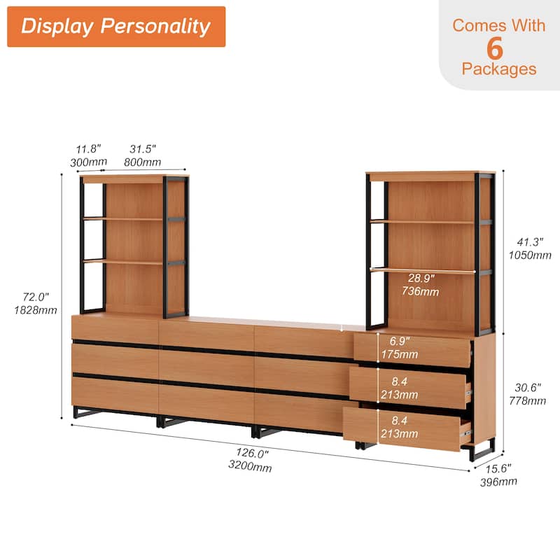 WAMPAT Modern TV Stand with 3 Tiers Bookshelf, Farmhouse Entertainment Center with 12 Drawers and Adjustable Shelf