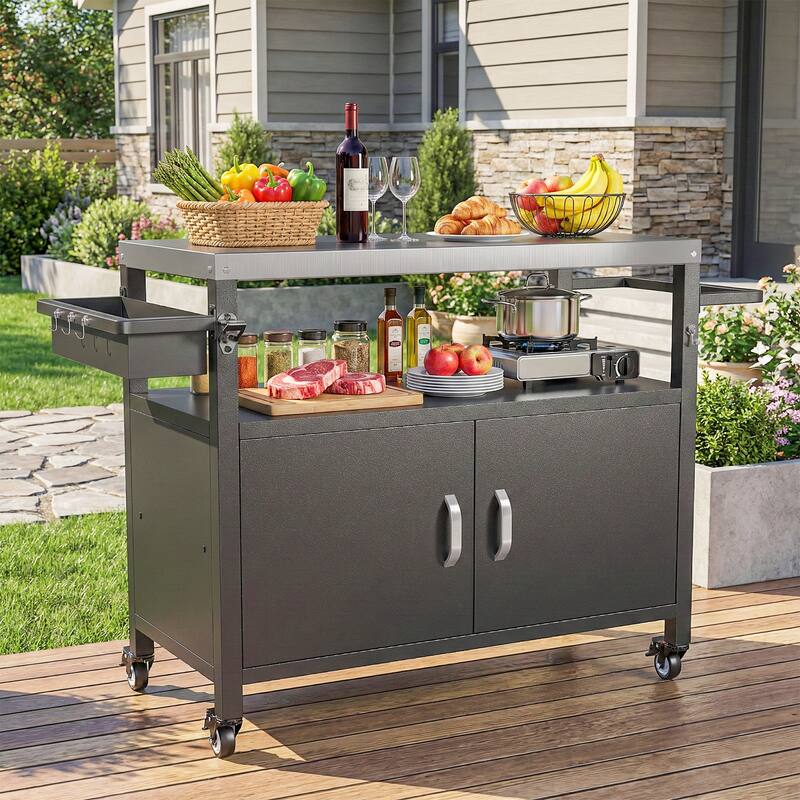 Pocassy Outdoor Grill Cart Table for Kitchen Prep and BBQ Island Table with Wheels.