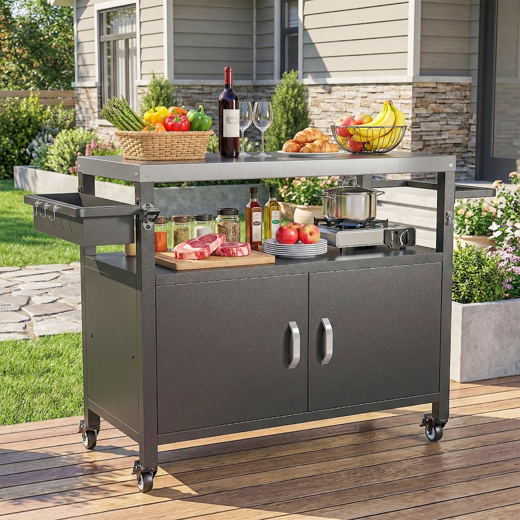 Pocassy Outdoor Grill Cart with Storage Cabinet Metal Kitchen Island Prep Table.
