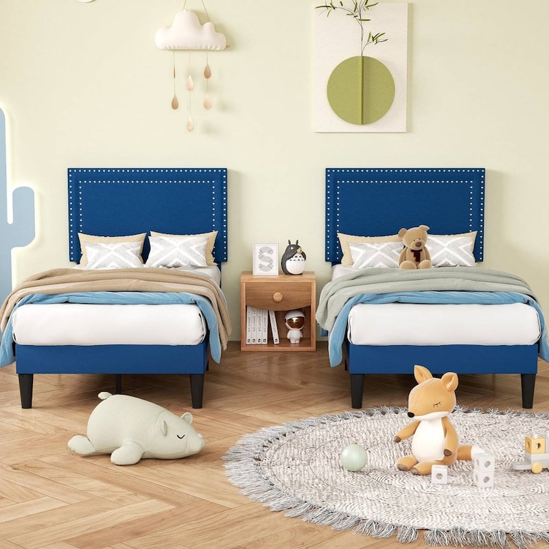Set of 2 Twin Size Tufted Upholstered Platform Beds Dorm Style Minimalist Metal Frame with Slats No Box Spring Needed