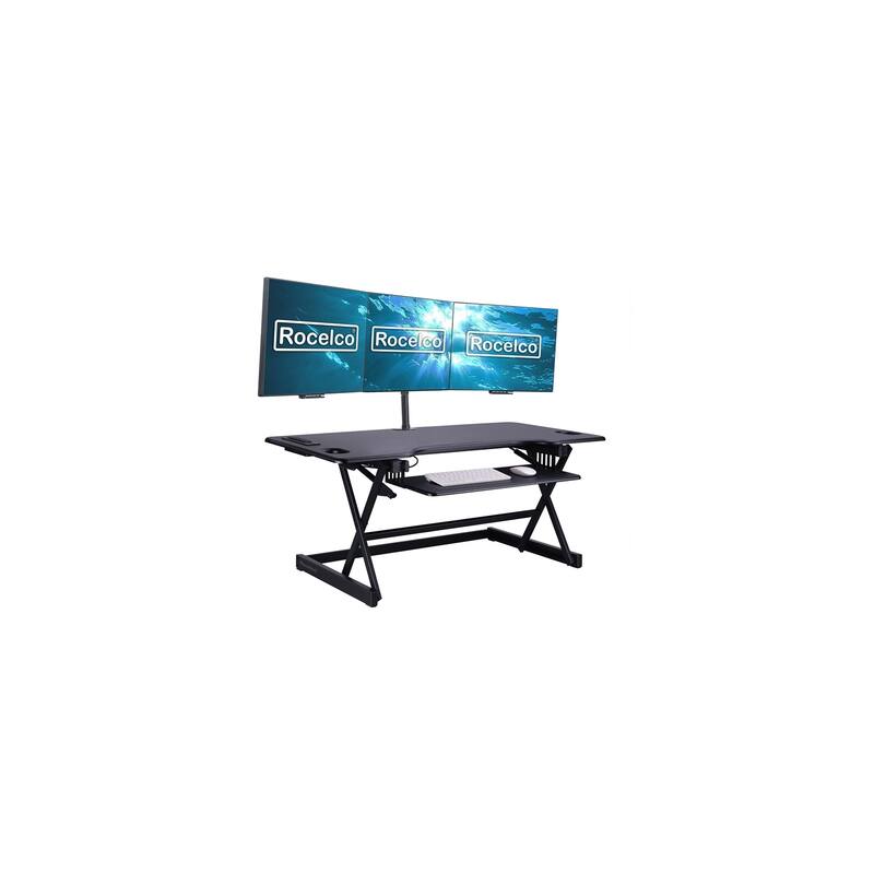 Rocelco 46 in. W Black Standing Desk Converter with AC USB Charger and Triple Monitor Mount Arm with Keyboard Tray