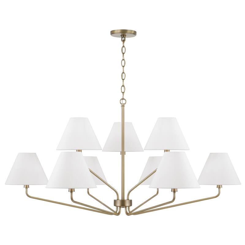45" W x 22.5" H 9-Light Angular Two-Tier Chandelier with Tapered White Fabric Shades - 45"W x 22.25"H - Aged Brass