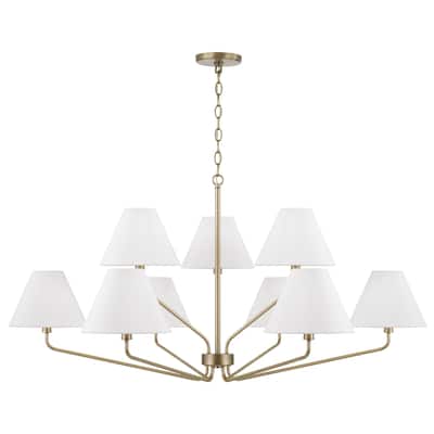 45" W x 22.5" H 9-Light Angular Two-Tier Chandelier with Tapered White Fabric Shades - 45"W x 22.25"H